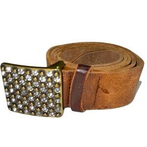 Diamond Studded Brass Buckle Brown Leather Belt